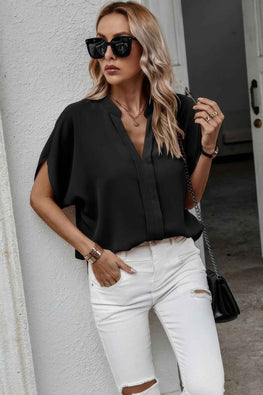 Notched Neck Solid Loose Fit Half Sleeve Blouse