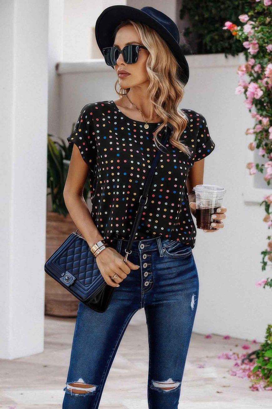 Scoop Neck Polka Dot Batwing Sleeve Blouse