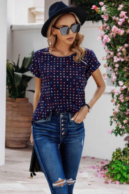 Scoop Neck Polka Dot Batwing Sleeve Blouse