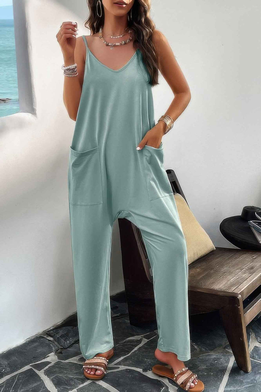 Pocketed Spaghetti Strap Loose Sleeveless Jumpsuit