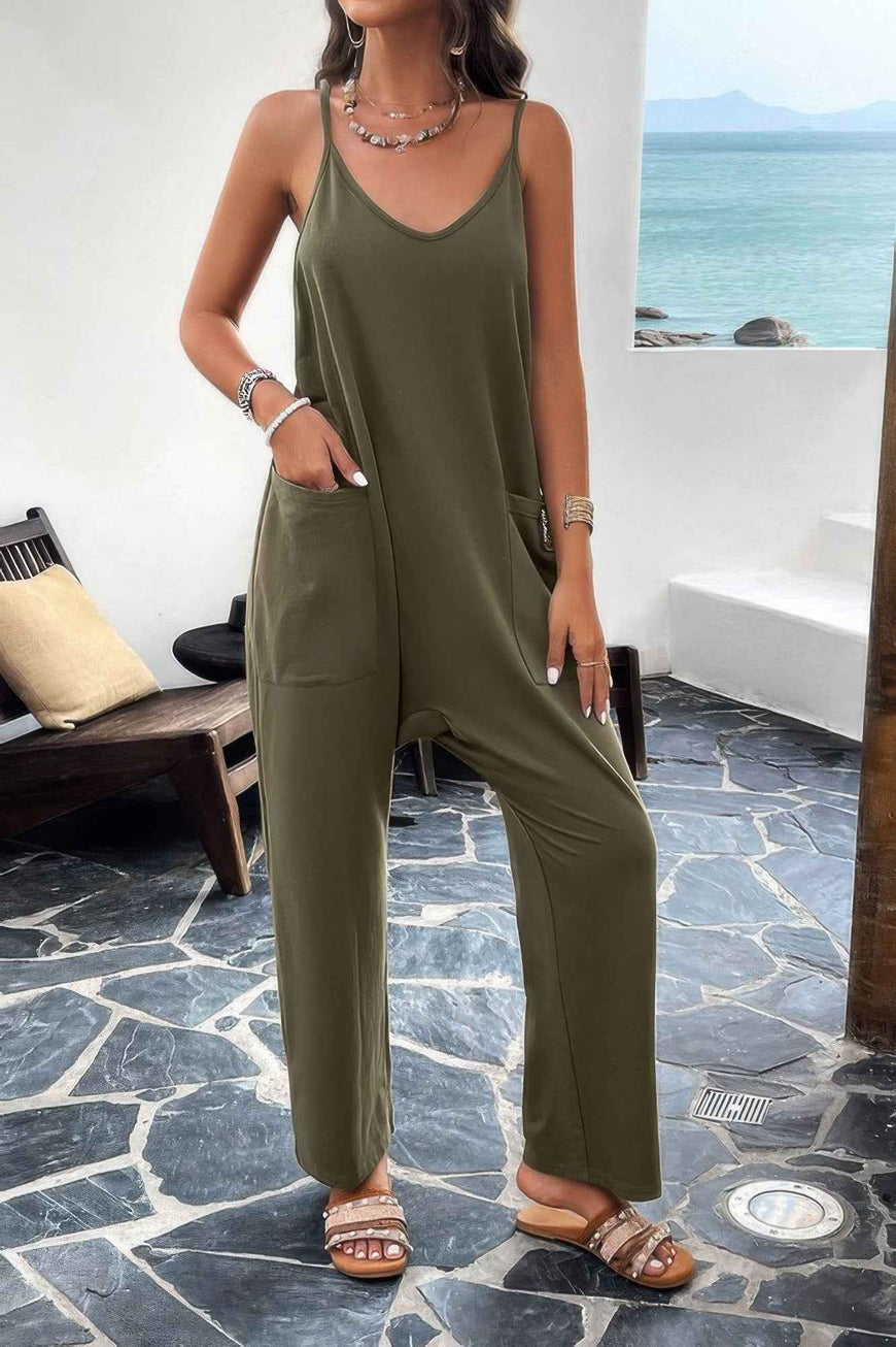 Pocketed Spaghetti Strap Loose Sleeveless Jumpsuit