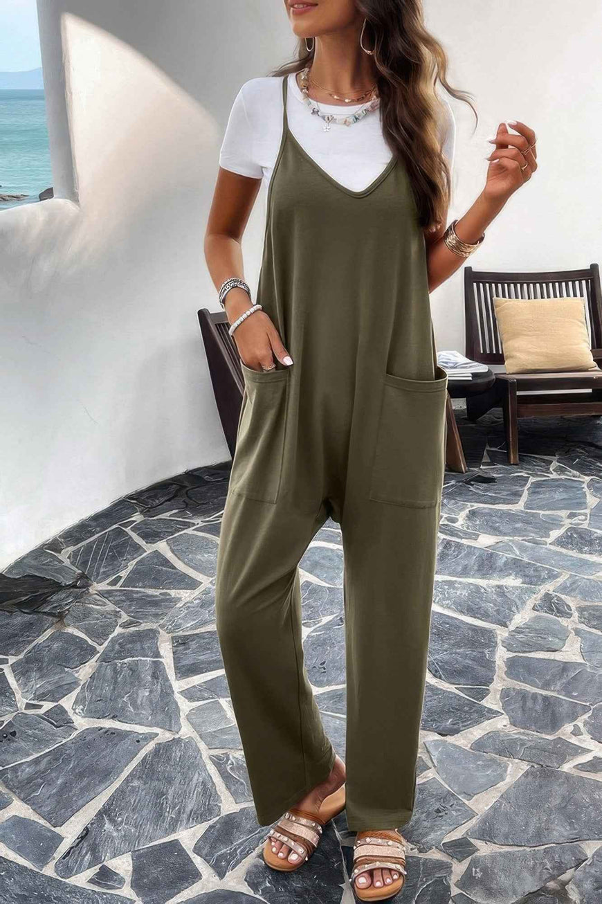 Pocketed Spaghetti Strap Loose Sleeveless Jumpsuit
