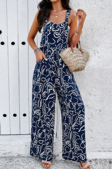 Geo Print Smocked Sleeveless Pockets Jumpsuit