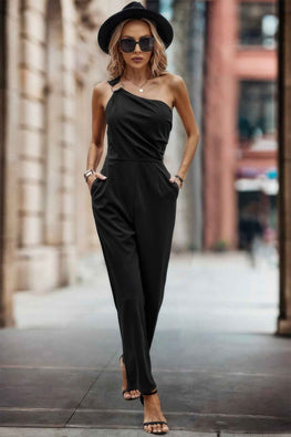 Solid One Slash Shoulder Ruched Sleeveless Jumpsuit