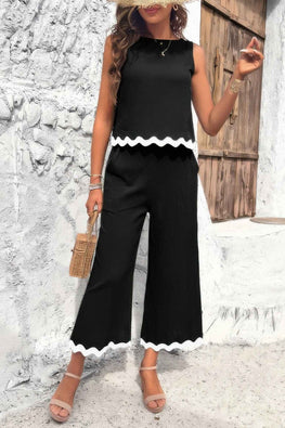 Two Pieces Printed Sleeveless Pockets Sets