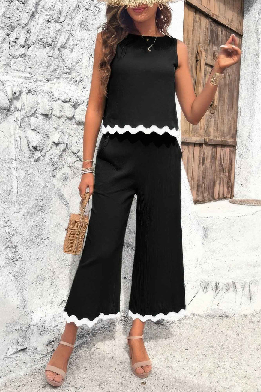 Two Pieces Printed Sleeveless Pockets Sets