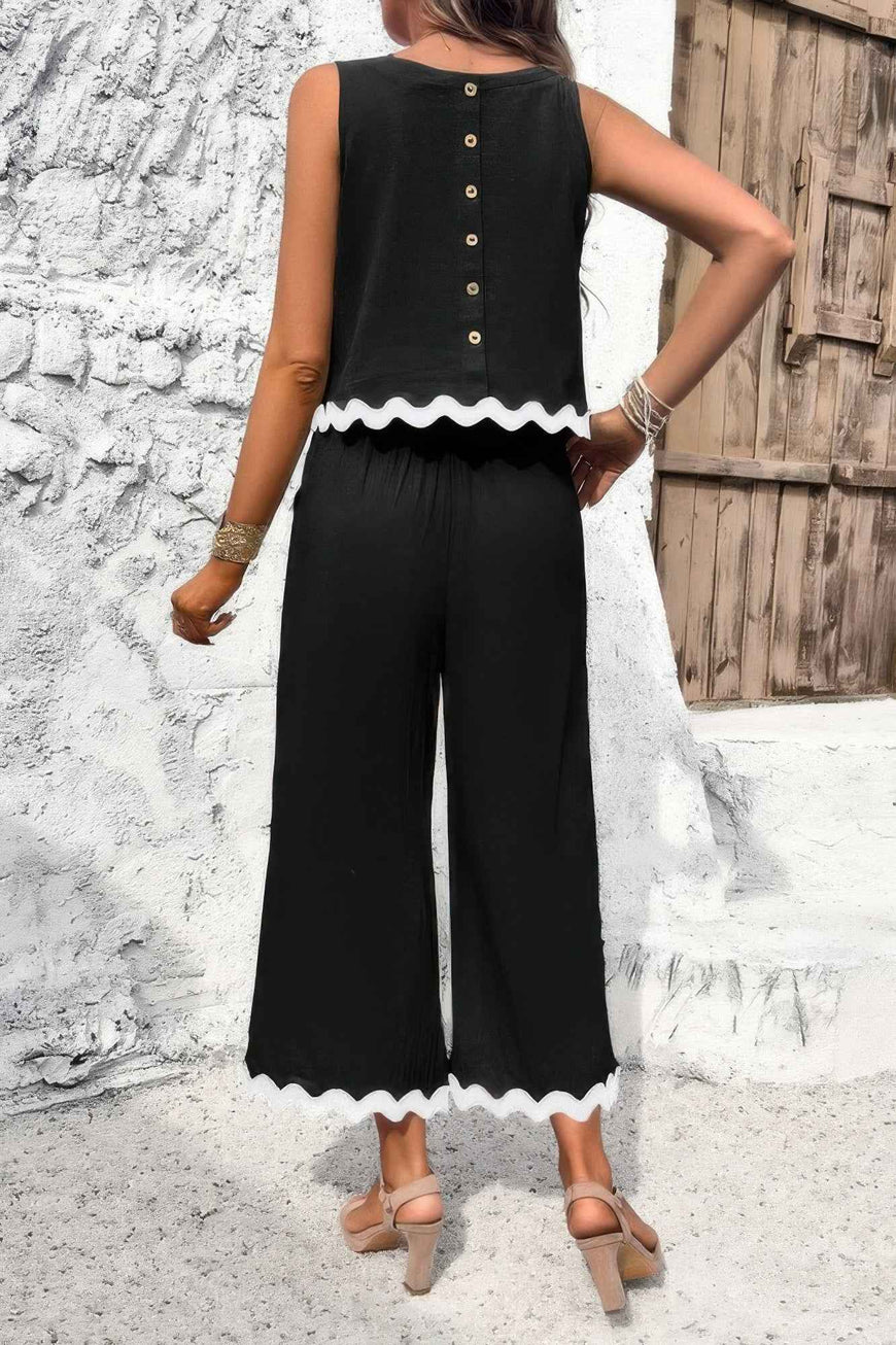 Two Pieces Printed Sleeveless Pockets Sets