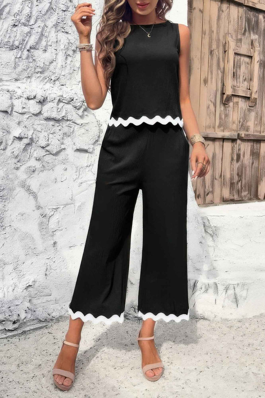 Two Pieces Printed Sleeveless Pockets Sets