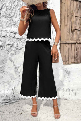 Two Pieces Printed Sleeveless Pockets Sets
