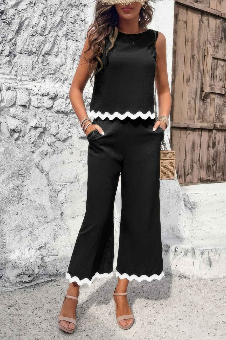 Two Pieces Printed Sleeveless Pockets Sets
