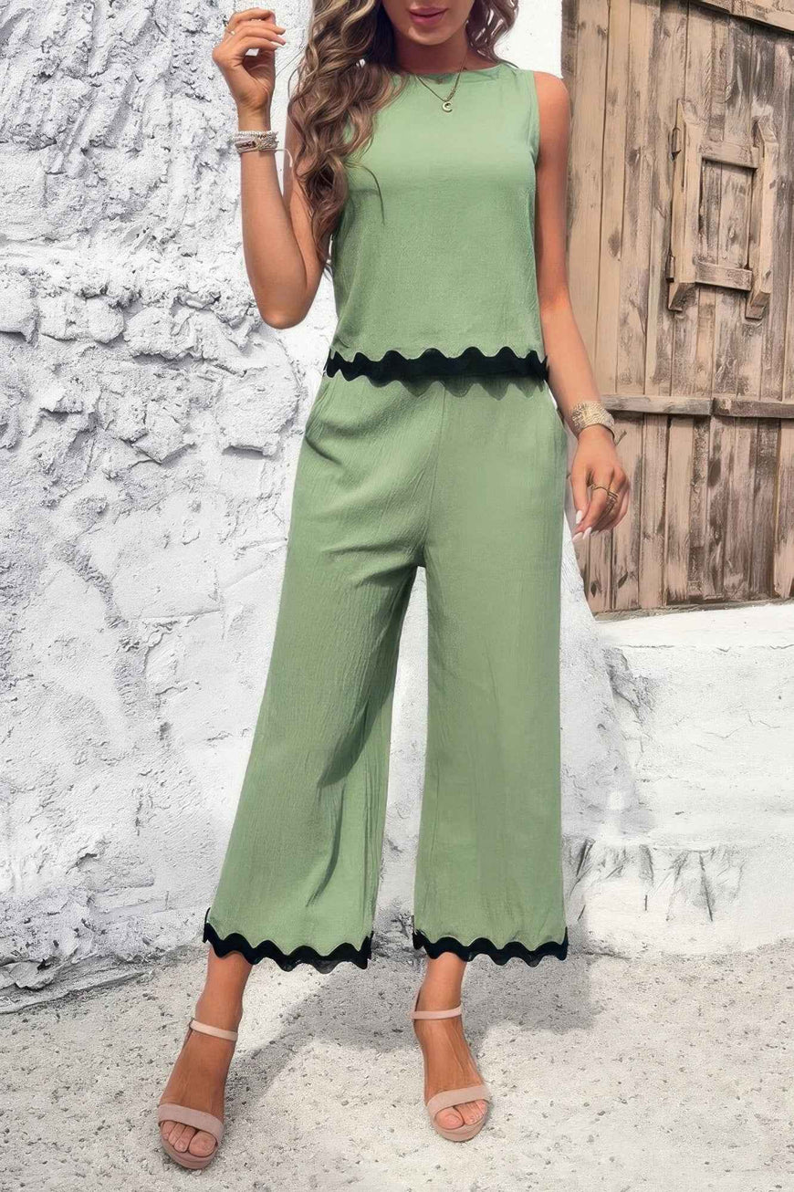 Two Pieces Printed Sleeveless Pockets Sets