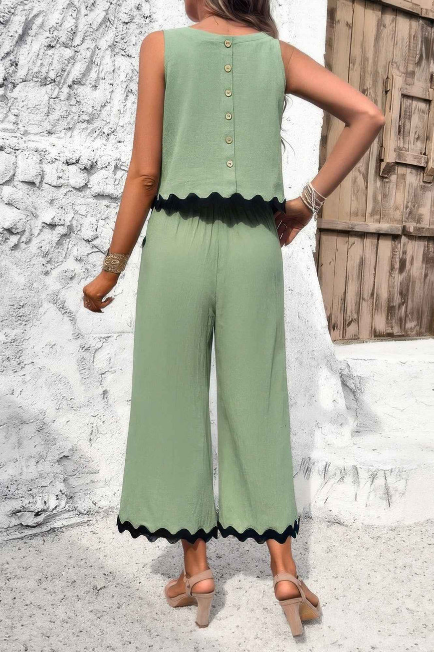 Two Pieces Printed Sleeveless Pockets Sets
