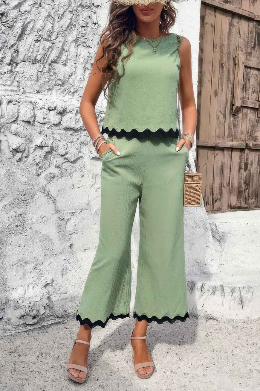 Two Pieces Printed Sleeveless Pockets Sets