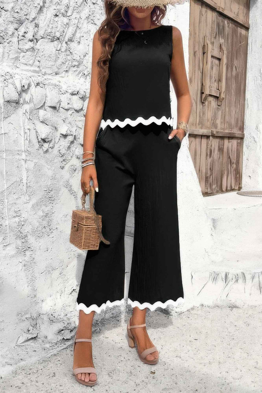 Two Pieces Printed Sleeveless Pockets Sets