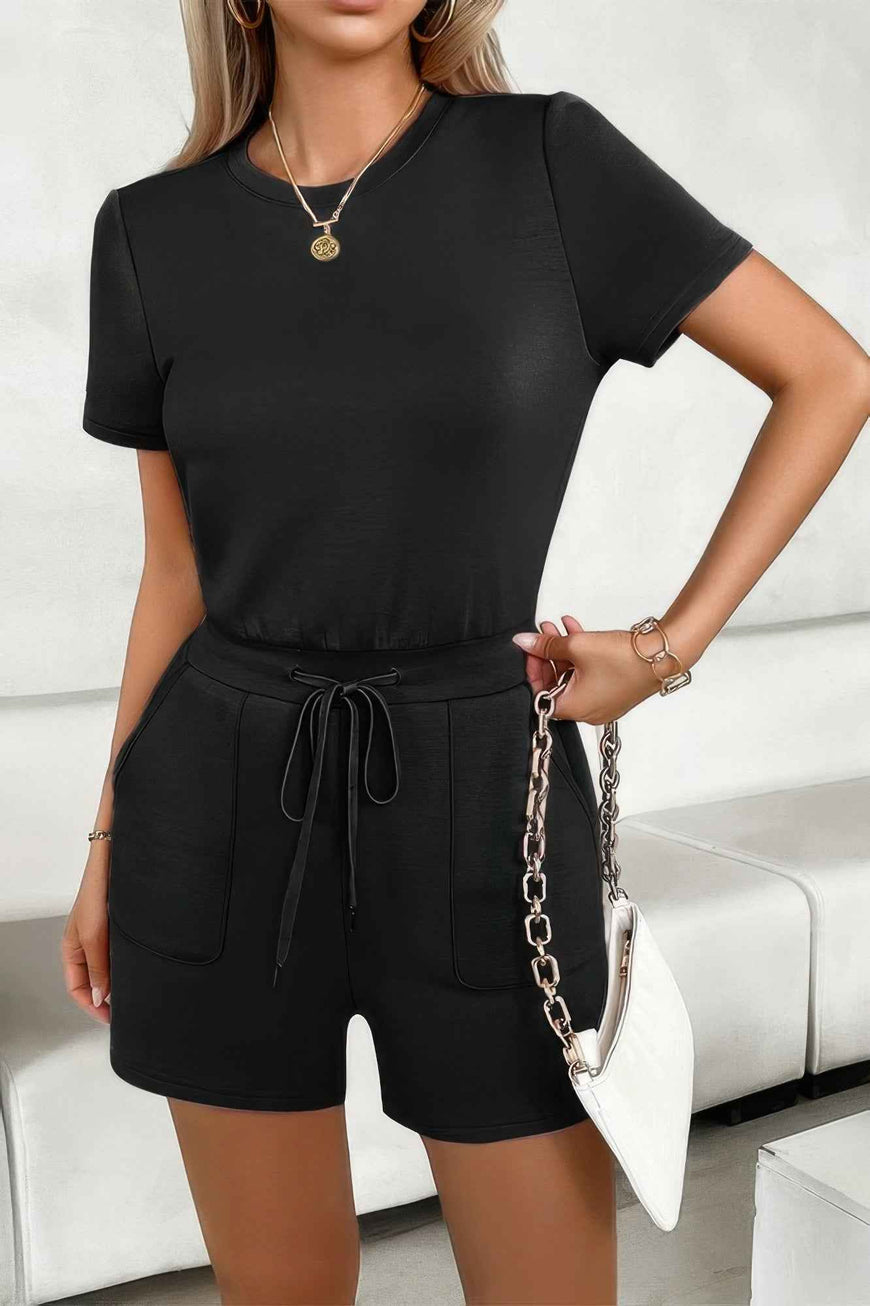 Round Neck Solid Drawstring Pockets Romper