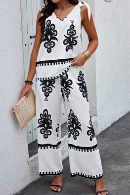 Floral Knot Shoulder Sleeveless Elastic Waist Sets