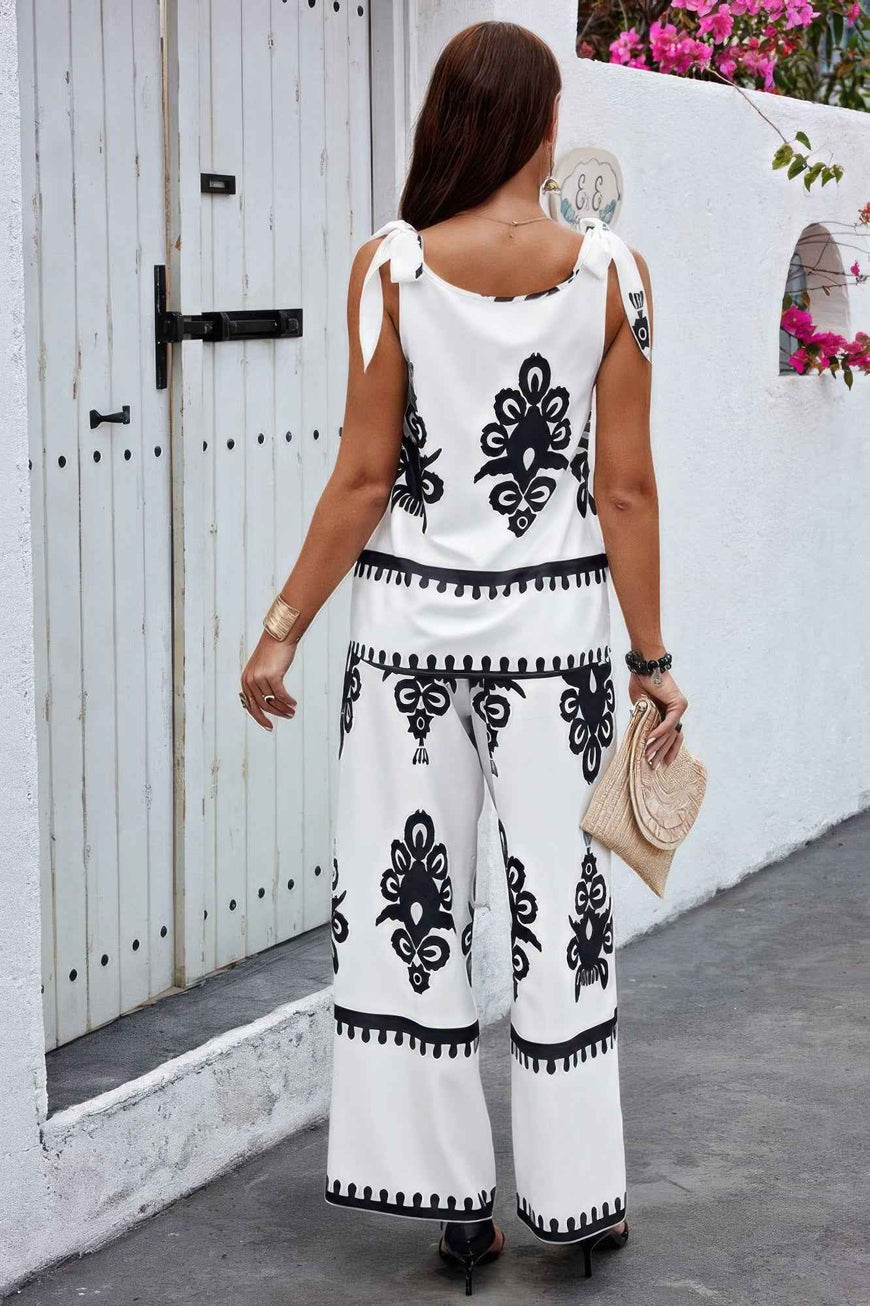 Floral Knot Shoulder Sleeveless Elastic Waist Sets