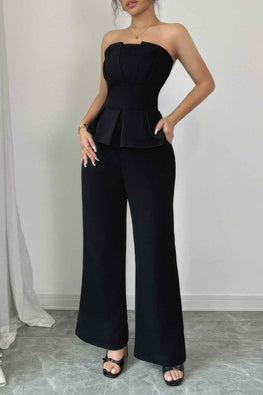 Off Shoulder Back Hide Zipper Pleated Fit Jumpsuit