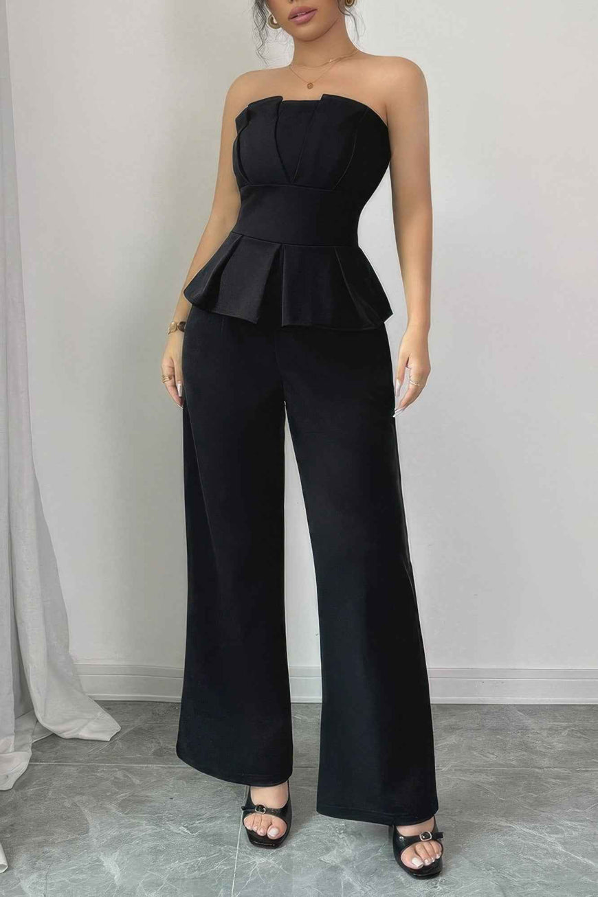 Off Shoulder Back Hide Zipper Pleated Fit Jumpsuit