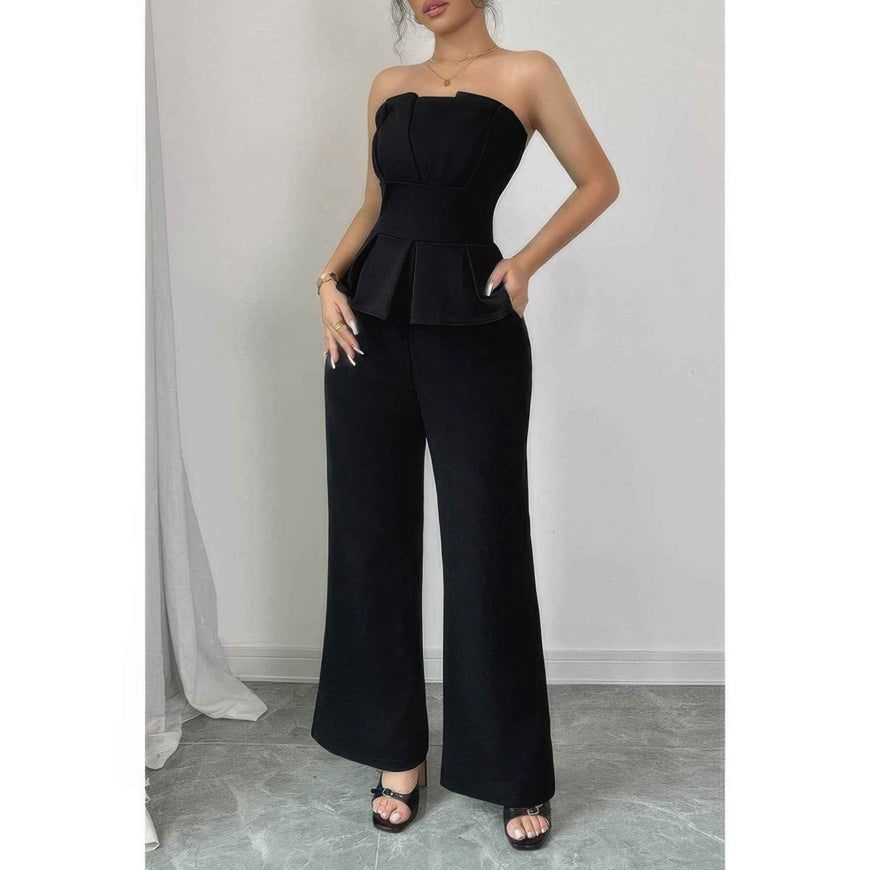 Off Shoulder Back Hide Zipper Pleated Fit Jumpsuit