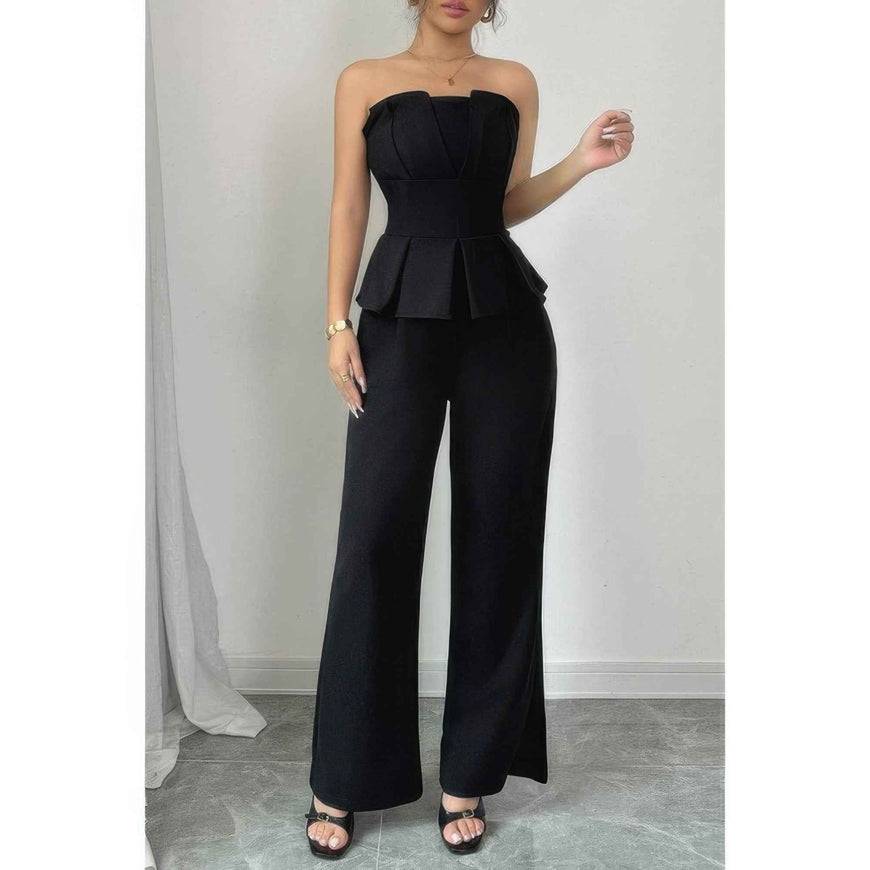 Off Shoulder Back Hide Zipper Pleated Fit Jumpsuit
