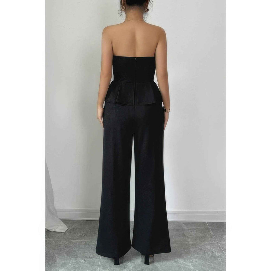 Off Shoulder Back Hide Zipper Pleated Fit Jumpsuit