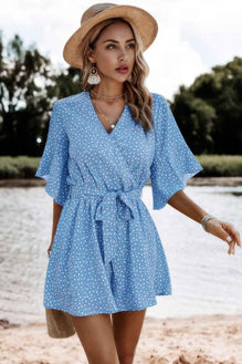 V Neck Ruffled Belted Flared Hemmed Romper