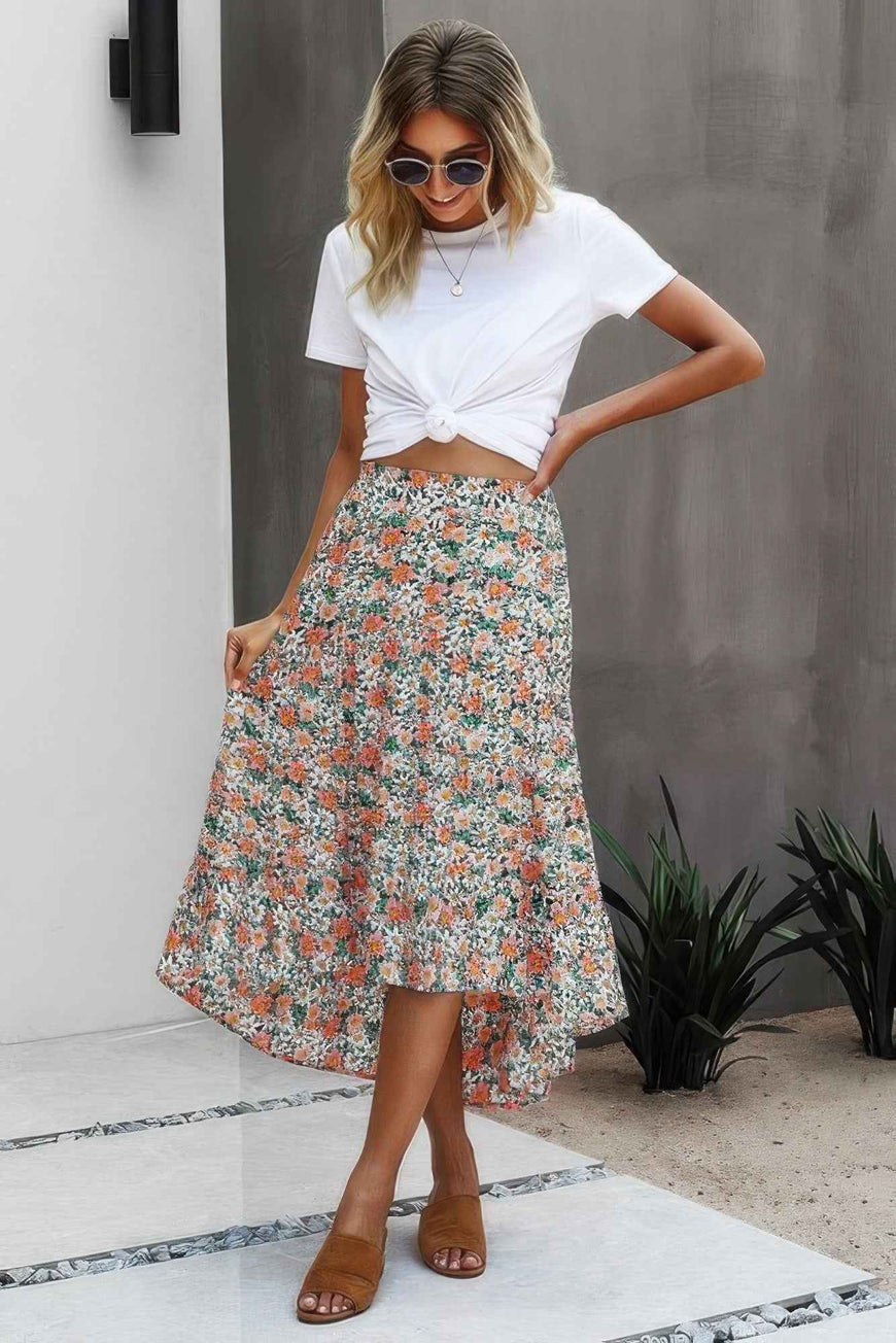 Floral Print High Waist Skirt A Line Long Skirt