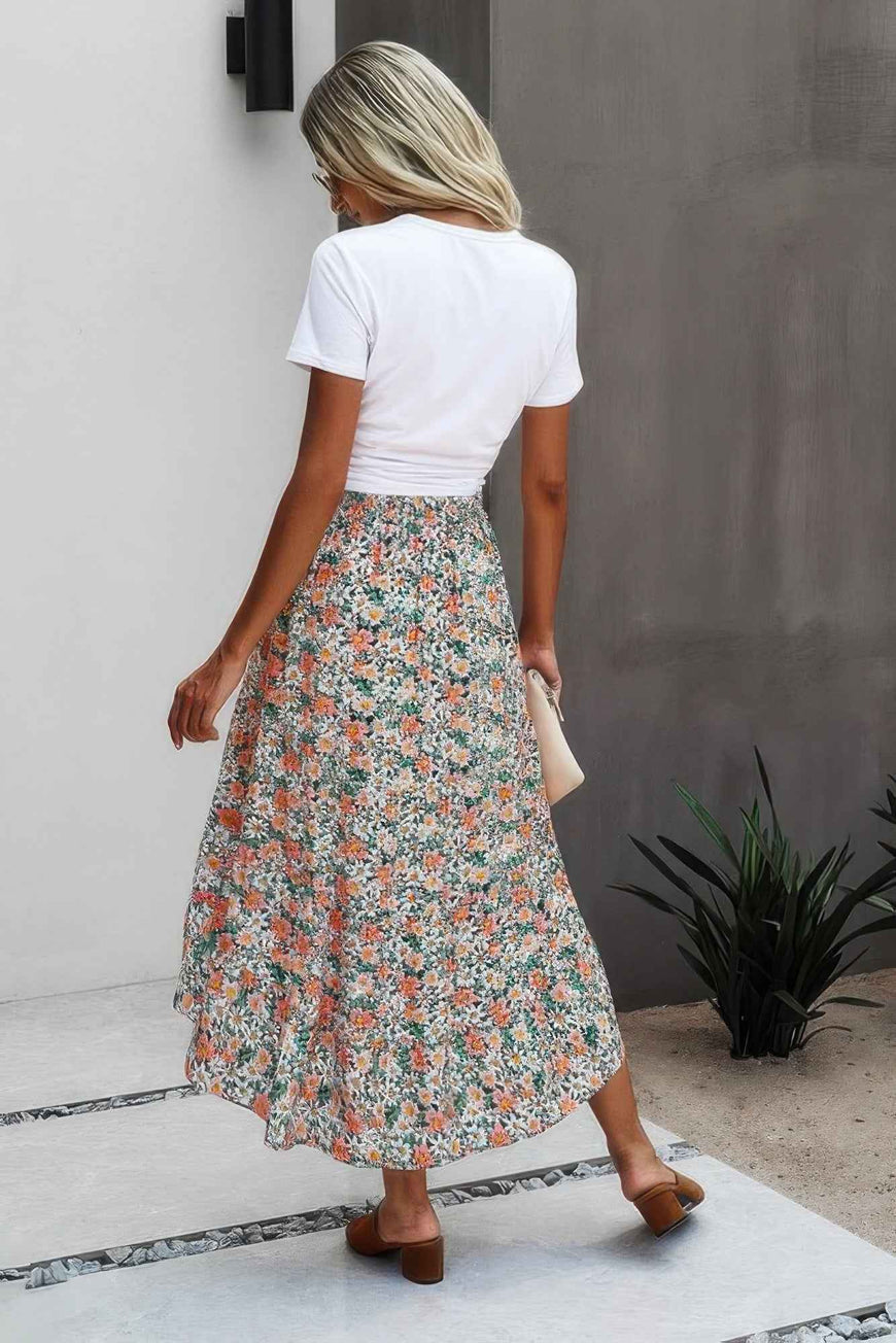 Floral Print High Waist Skirt A Line Long Skirt