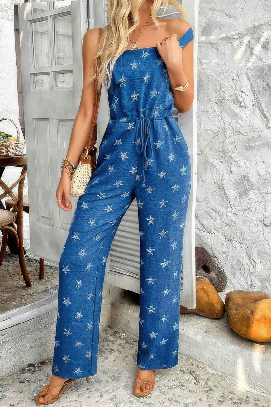 Star Print Button Tie Pockets Drawstring Jumpsuit