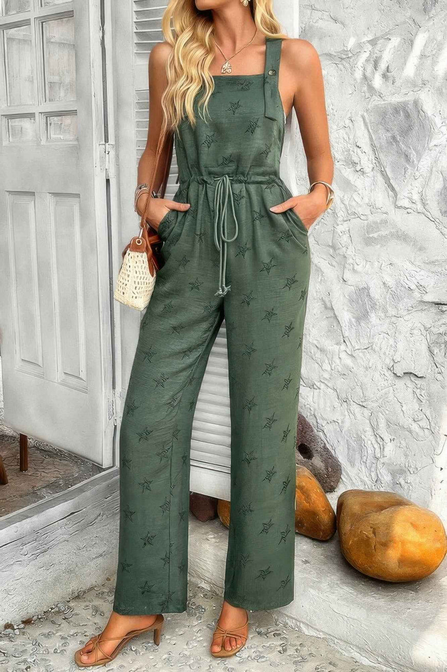 Star Print Button Tie Pockets Drawstring Jumpsuit