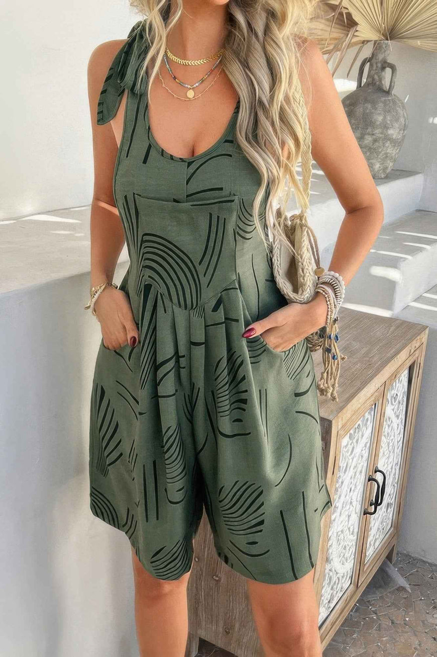 Allover Printed Tie Shoulder Pockets Romper