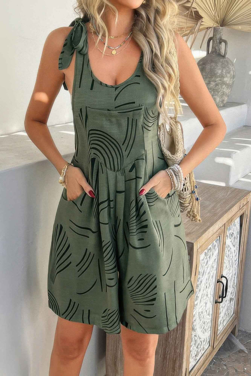Allover Printed Tie Shoulder Pockets Romper