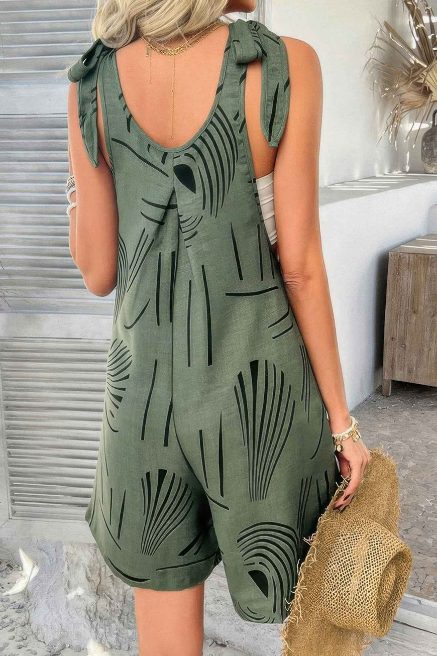 Allover Printed Tie Shoulder Pockets Romper