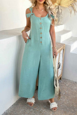 Button Front Knotted Strap Wide Leg Jumpsuit