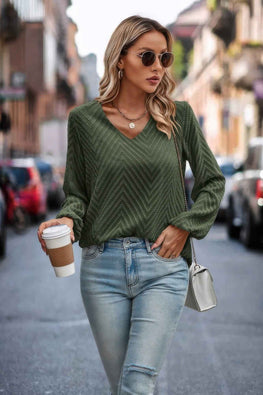 Chevron V Neck Long Sleeve Loose Top