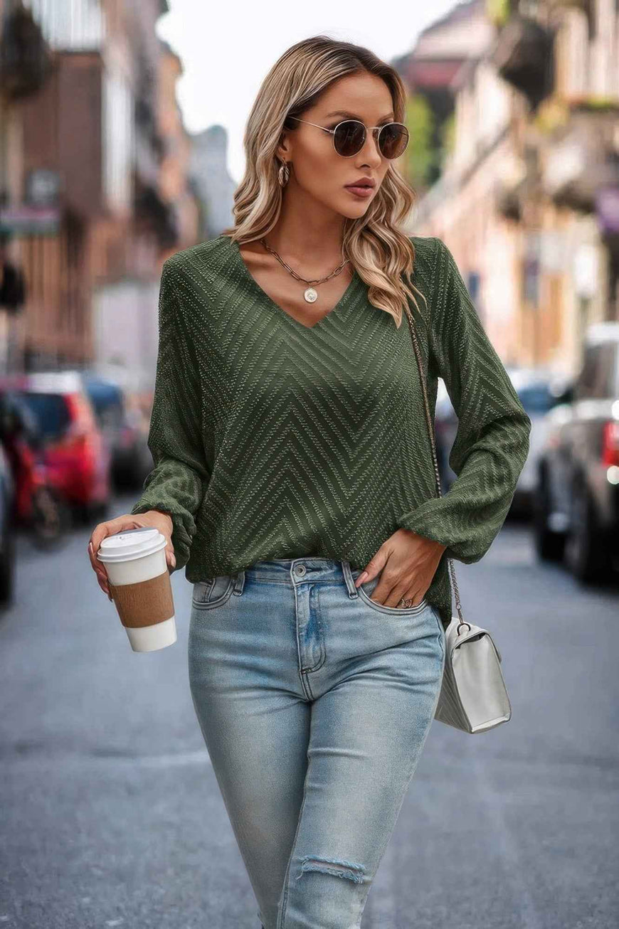 Chevron V Neck Long Sleeve Loose Top