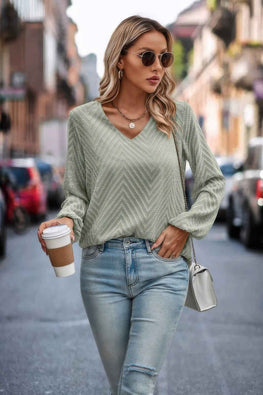 Chevron V Neck Long Sleeve Loose Top