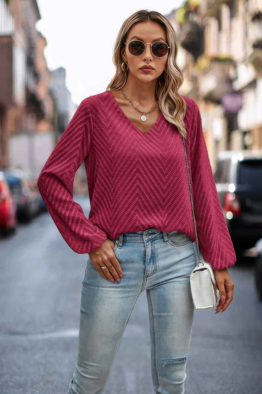 Chevron V Neck Long Sleeve Loose Top