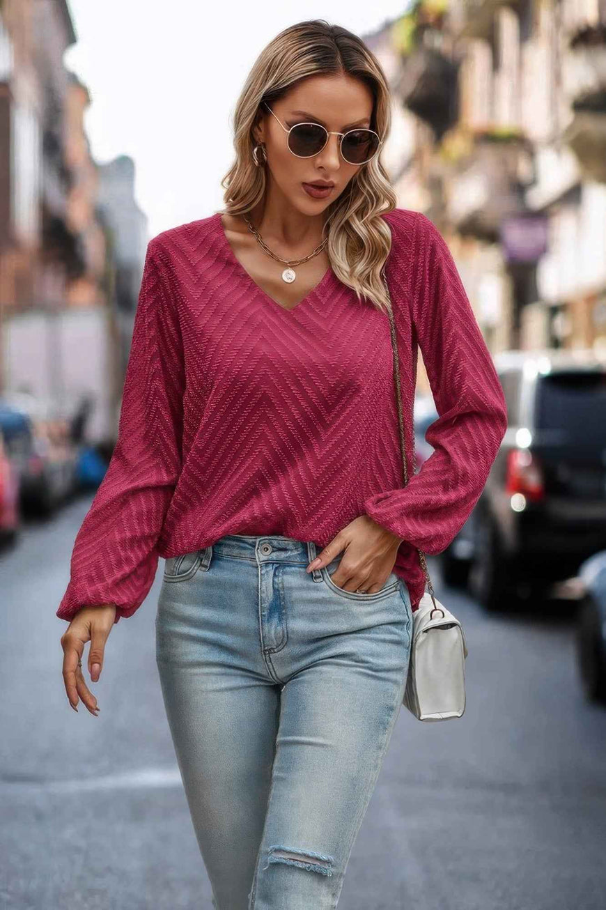 Chevron V Neck Long Sleeve Loose Top