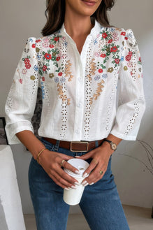 Floral Hollow Out Button Down Long Sleeve Blouse