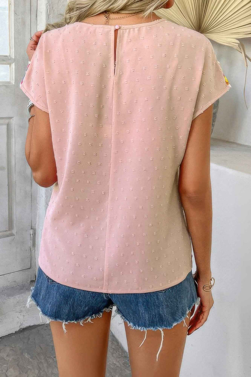 Swiss Dot Crochet Patchwork Short Sleeves Shirt