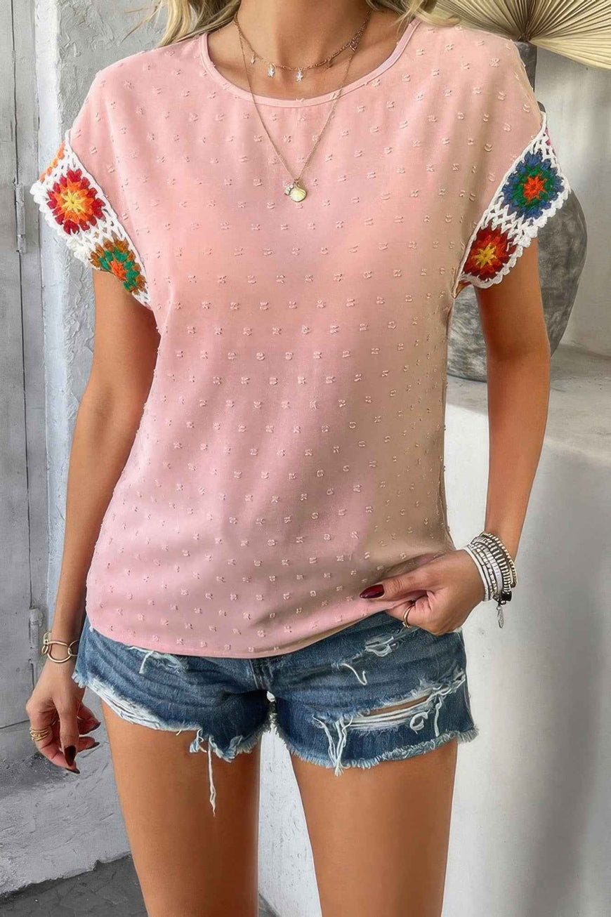 Swiss Dot Crochet Patchwork Short Sleeves Shirt