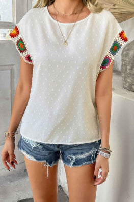 Swiss Dot Crochet Patchwork Short Sleeves Shirt