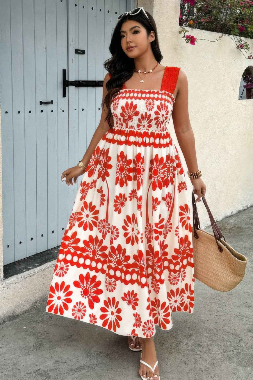 Plus Floral Printed Square Neck Wide Strap Dress