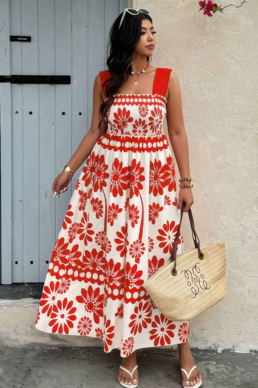 Plus Floral Printed Square Neck Wide Strap Dress