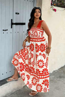 Plus Floral Printed Square Neck Wide Strap Dress