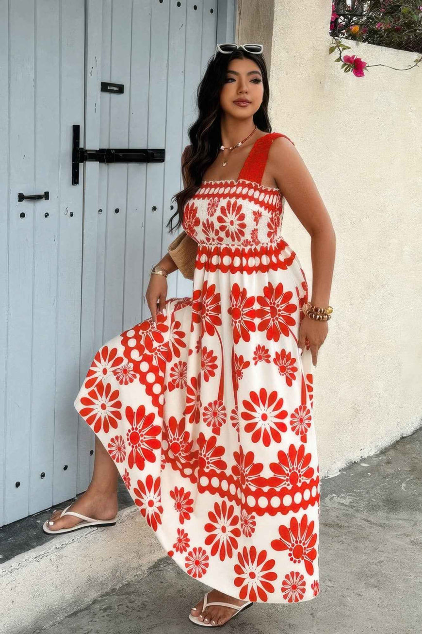 Plus Floral Printed Square Neck Wide Strap Dress