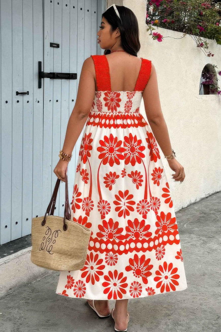 Plus Floral Printed Square Neck Wide Strap Dress