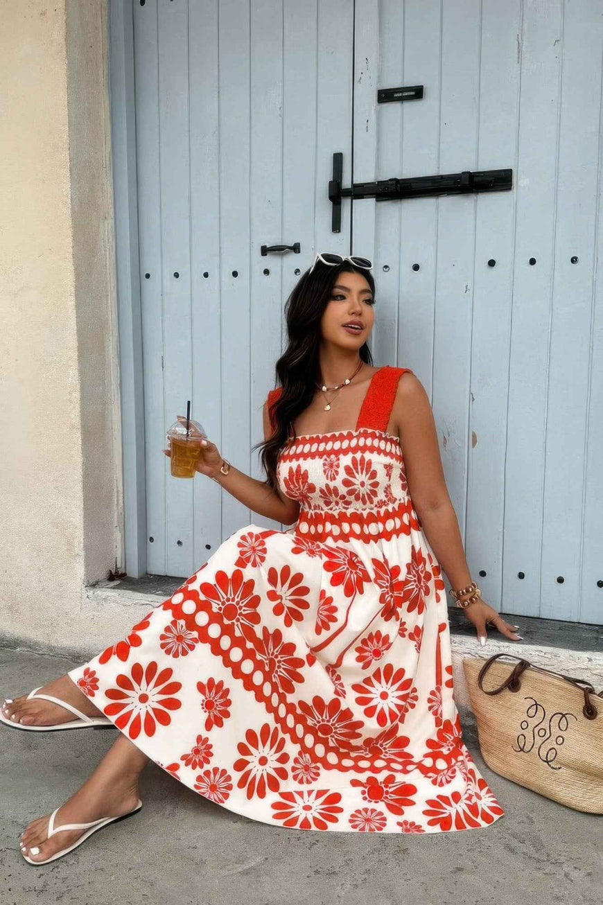 Plus Floral Printed Square Neck Wide Strap Dress